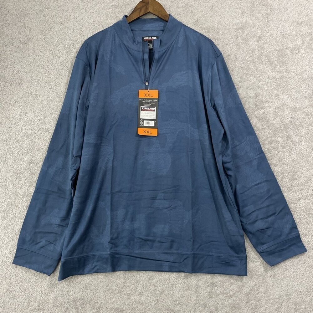 NEW Kirkland Signature Men’s Blue Camo Performance 1/4 Zip Top, Sizes 2XL